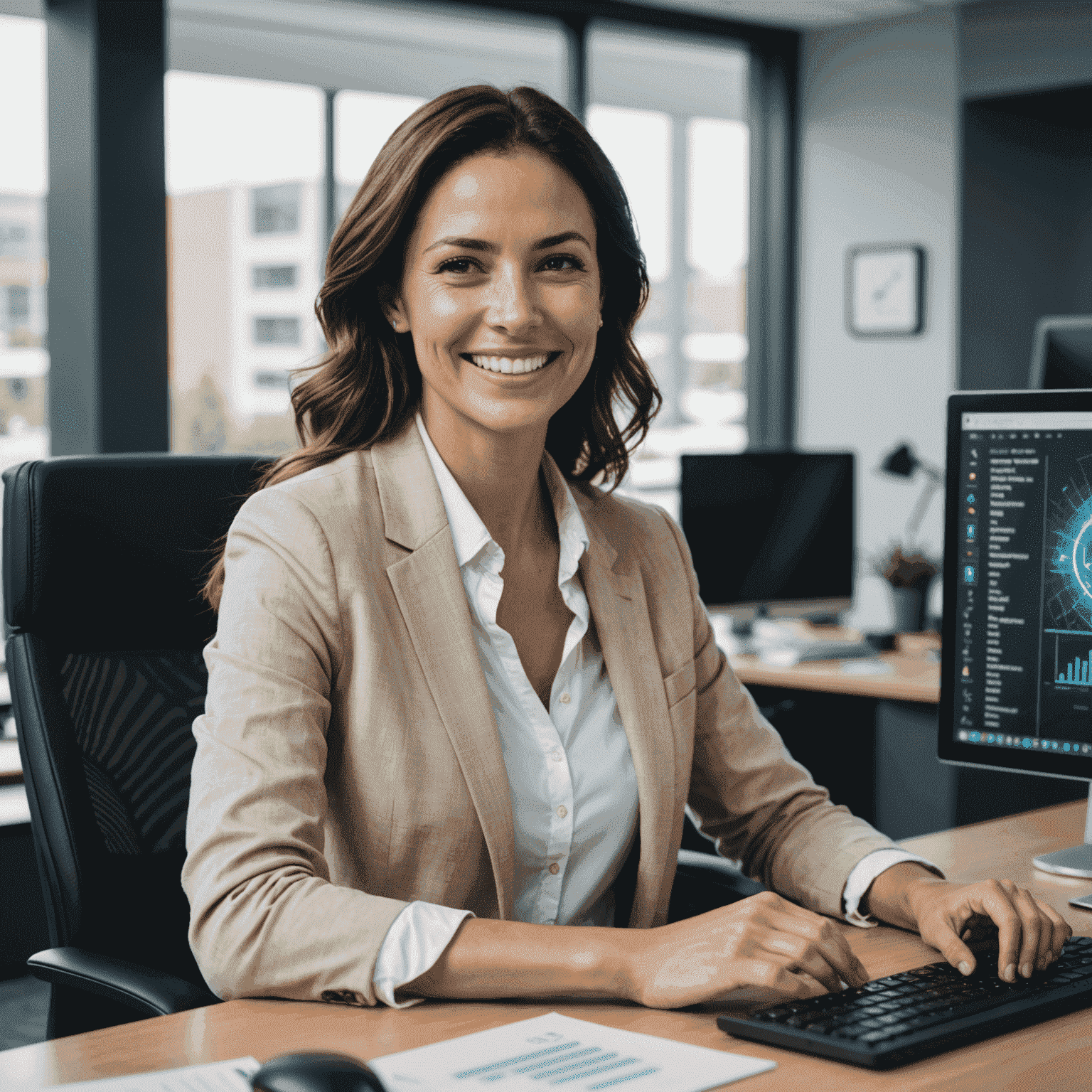 A smiling woman in her 30s sitting at a desk with a computer, coding on screen. She's in a modern office environment, suggesting a tech company.