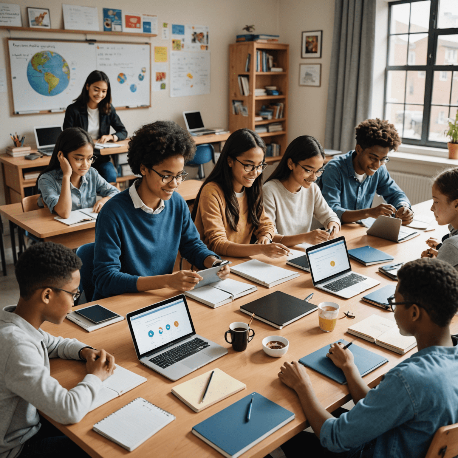 A diverse group of students engaged in online learning, using laptops and tablets to access educational content. The image shows a mix of ages and backgrounds, symbolizing the accessibility of online education.