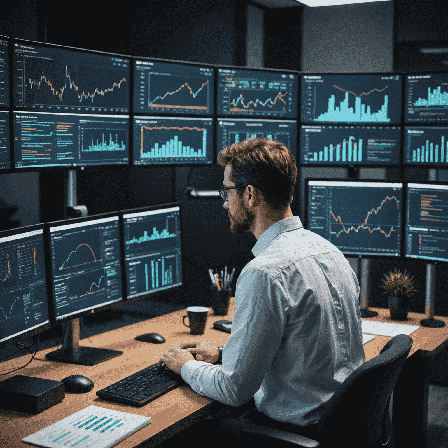 Data scientist analyzing graphs and charts on multiple screens, showcasing data visualization and machine learning concepts