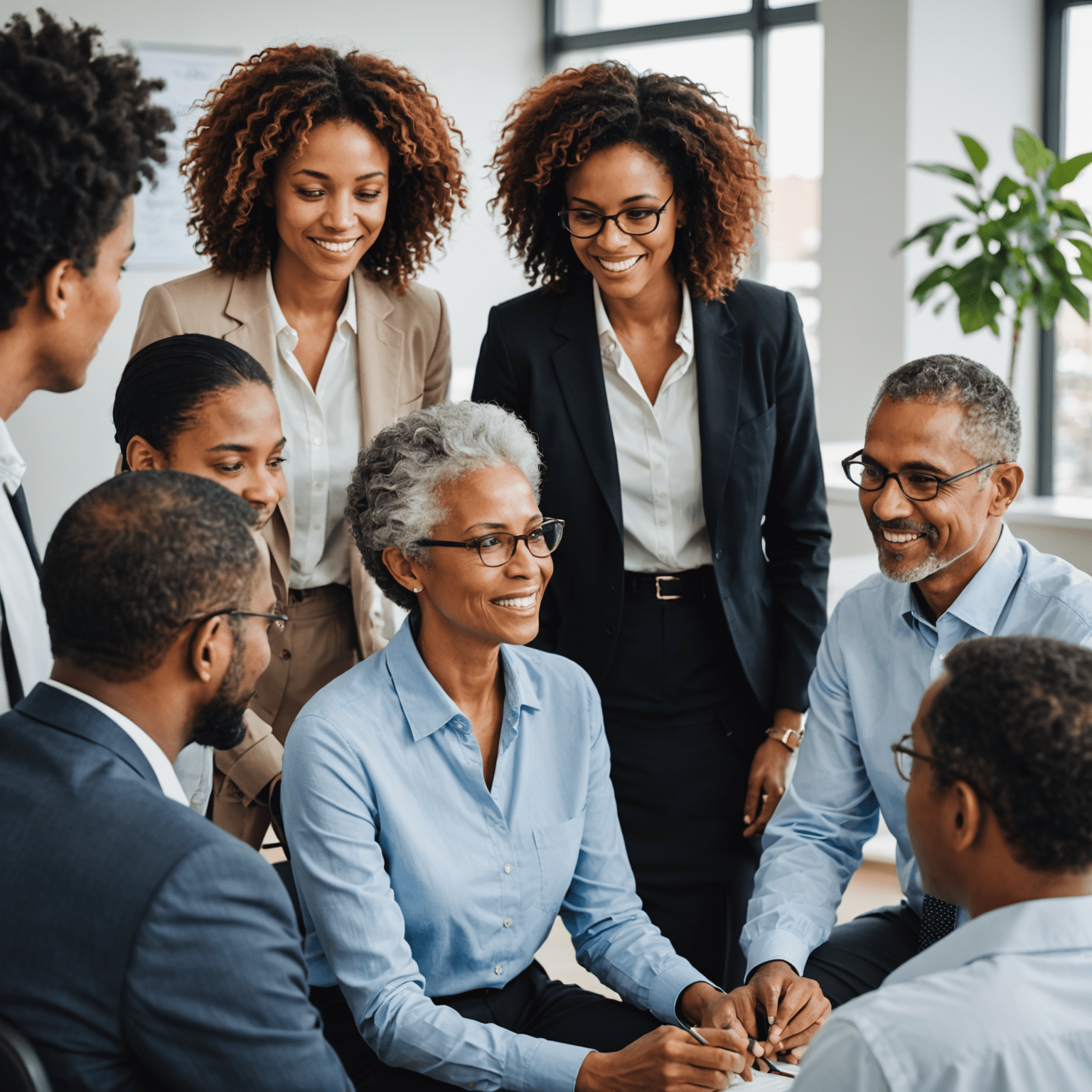 A diverse group of professionals receiving career counseling from an experienced counselor. The image shows a mix of ages and backgrounds, symbolizing the inclusive nature of our career guidance services.
