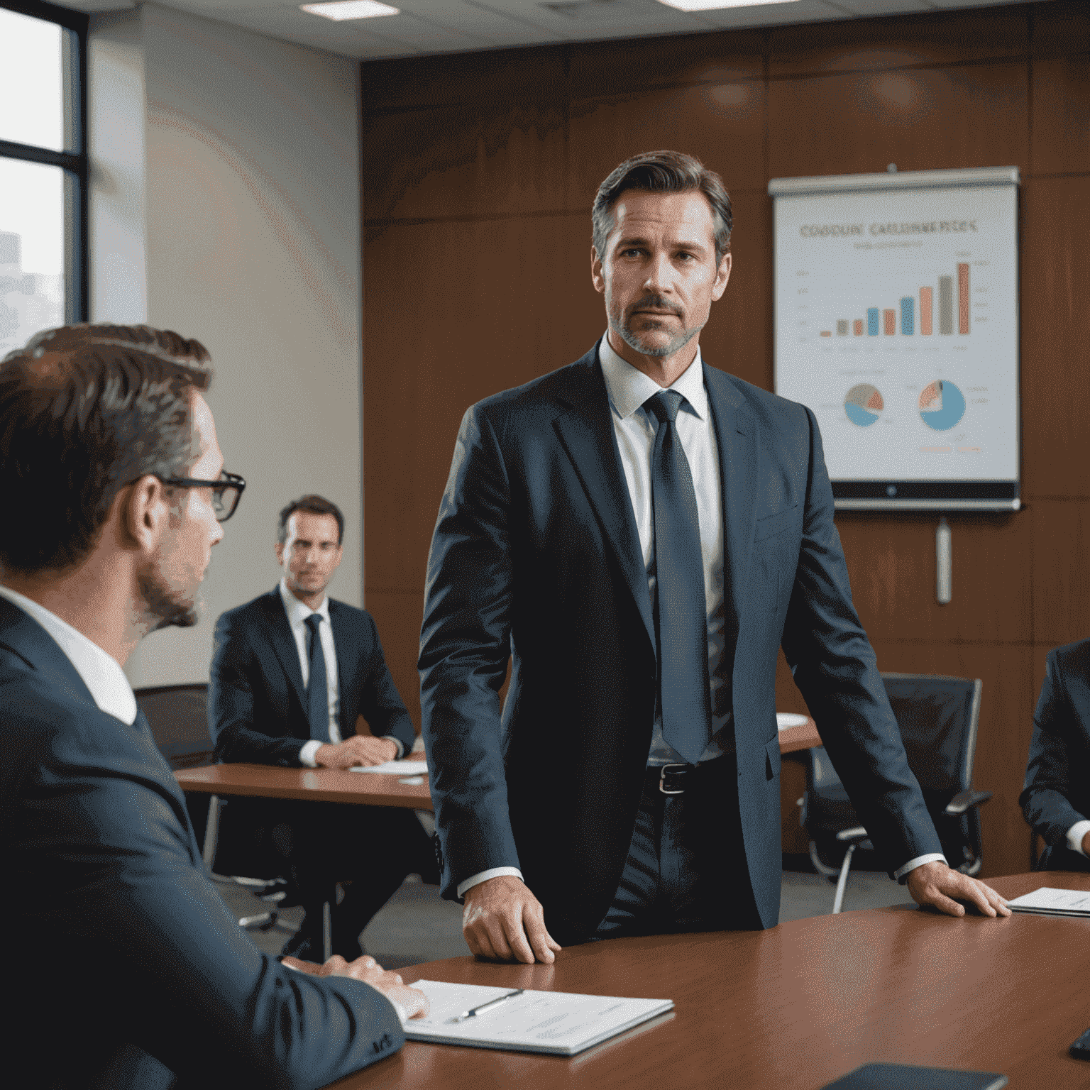 A man in his 40s presenting to a group in a boardroom. He's dressed in business attire and appears confident.