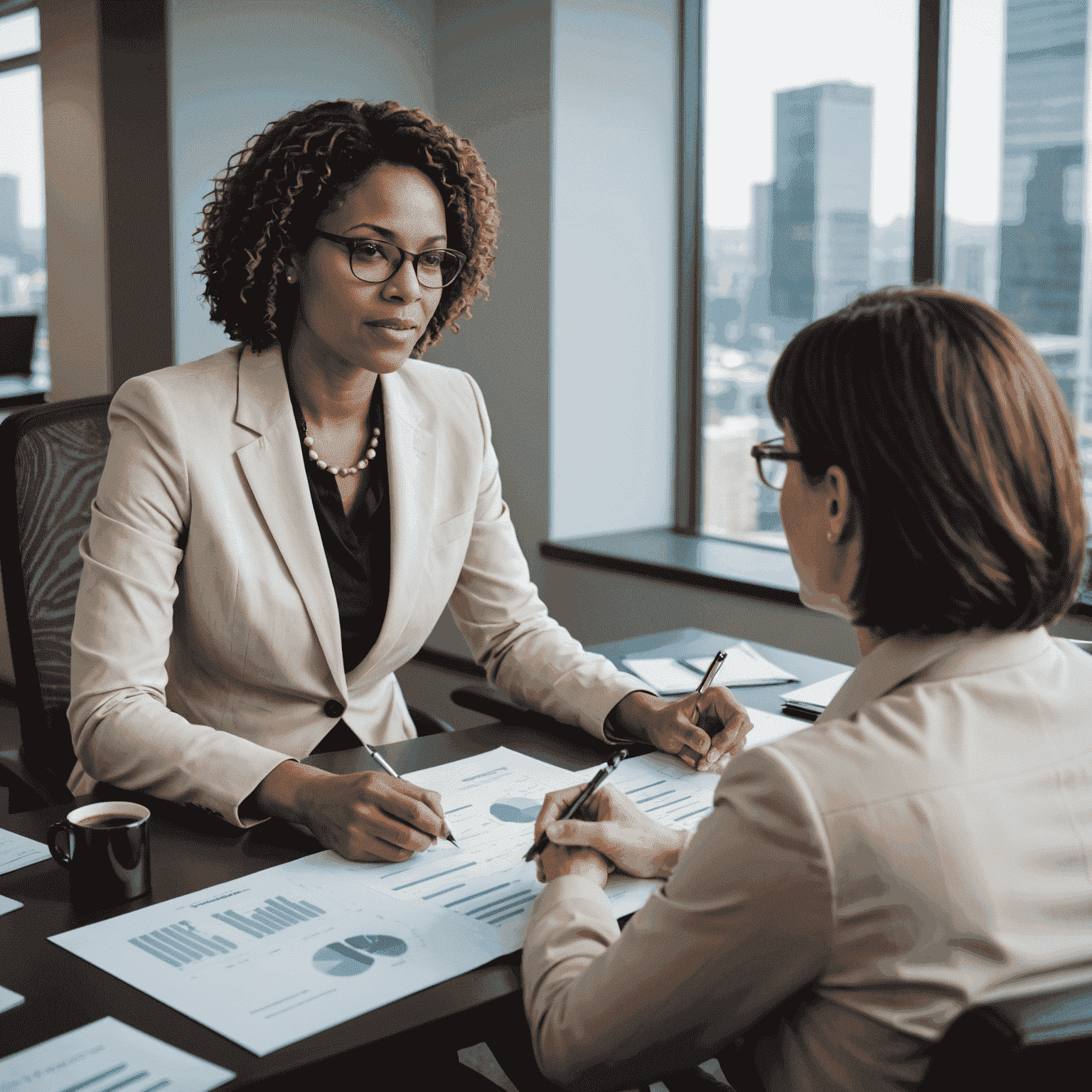 A professional career counselor meeting with a client in a modern office setting. The counselor is pointing to a chart or graph, suggesting a discussion about career paths and growth opportunities.
