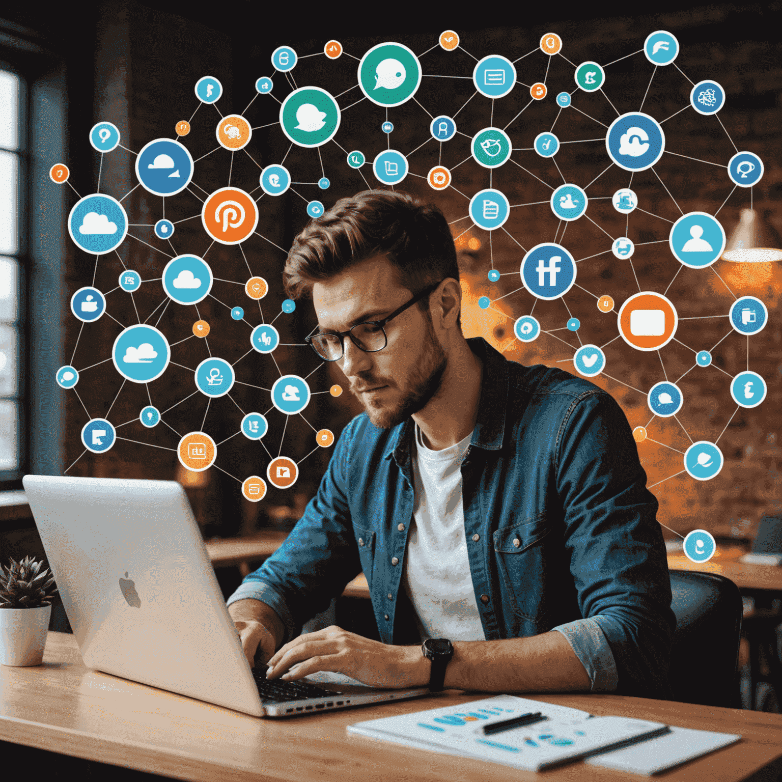 Digital marketer working on a laptop with social media icons and analytics graphs floating around