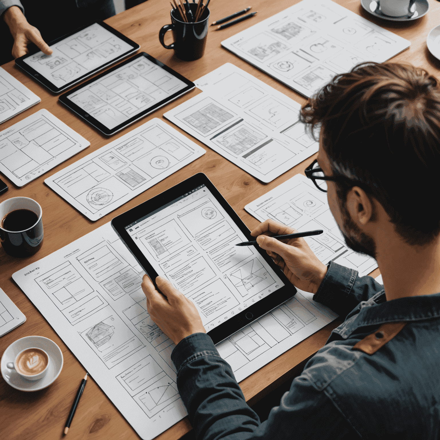 UX designer sketching wireframes and prototypes on a tablet, surrounded by user personas and journey maps