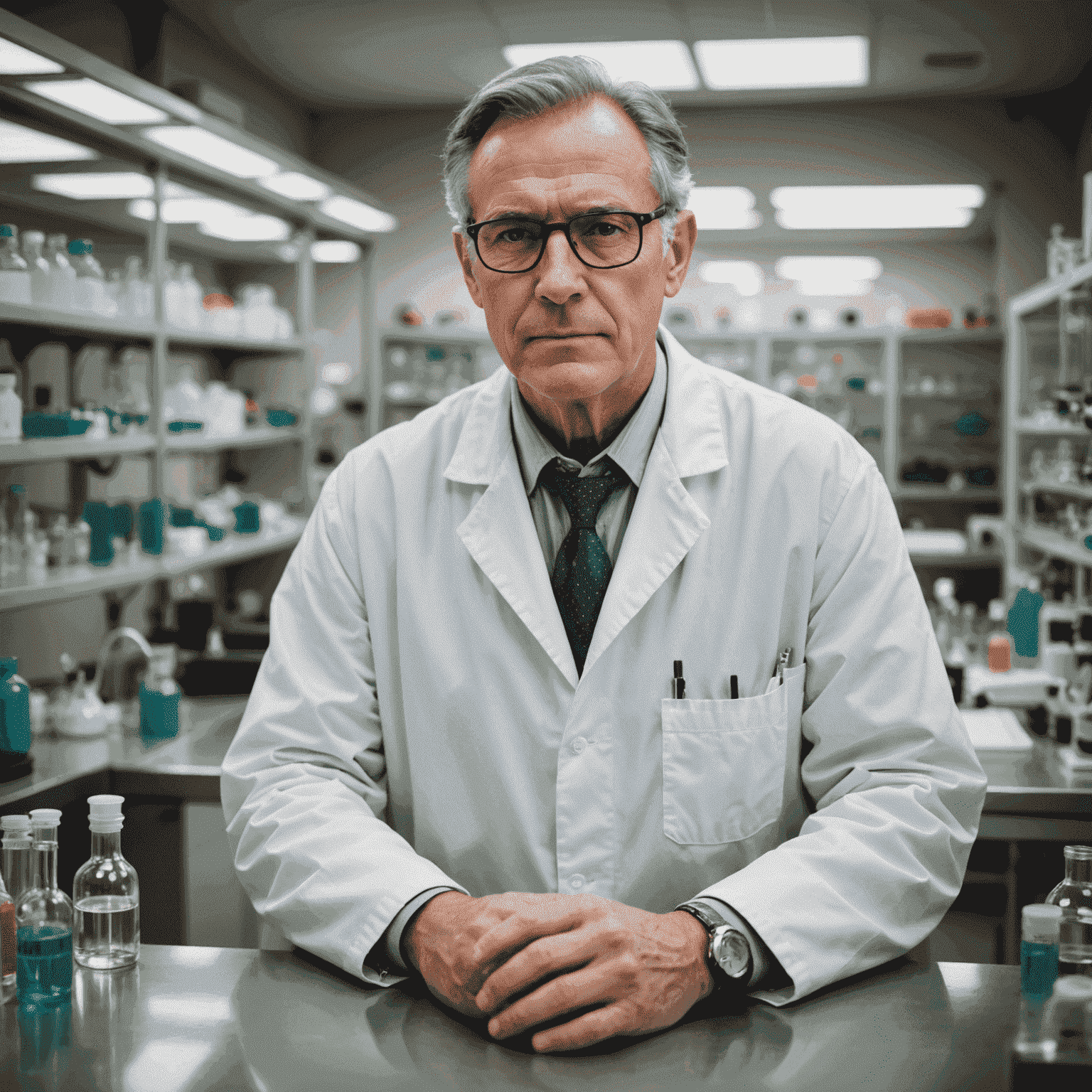 An older man in his 50s working in a modern laboratory setting, wearing a lab coat and safety glasses.