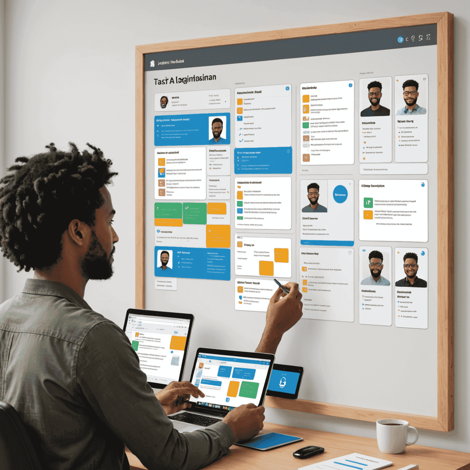 Project manager using a digital Kanban board with team members' avatars and task cards