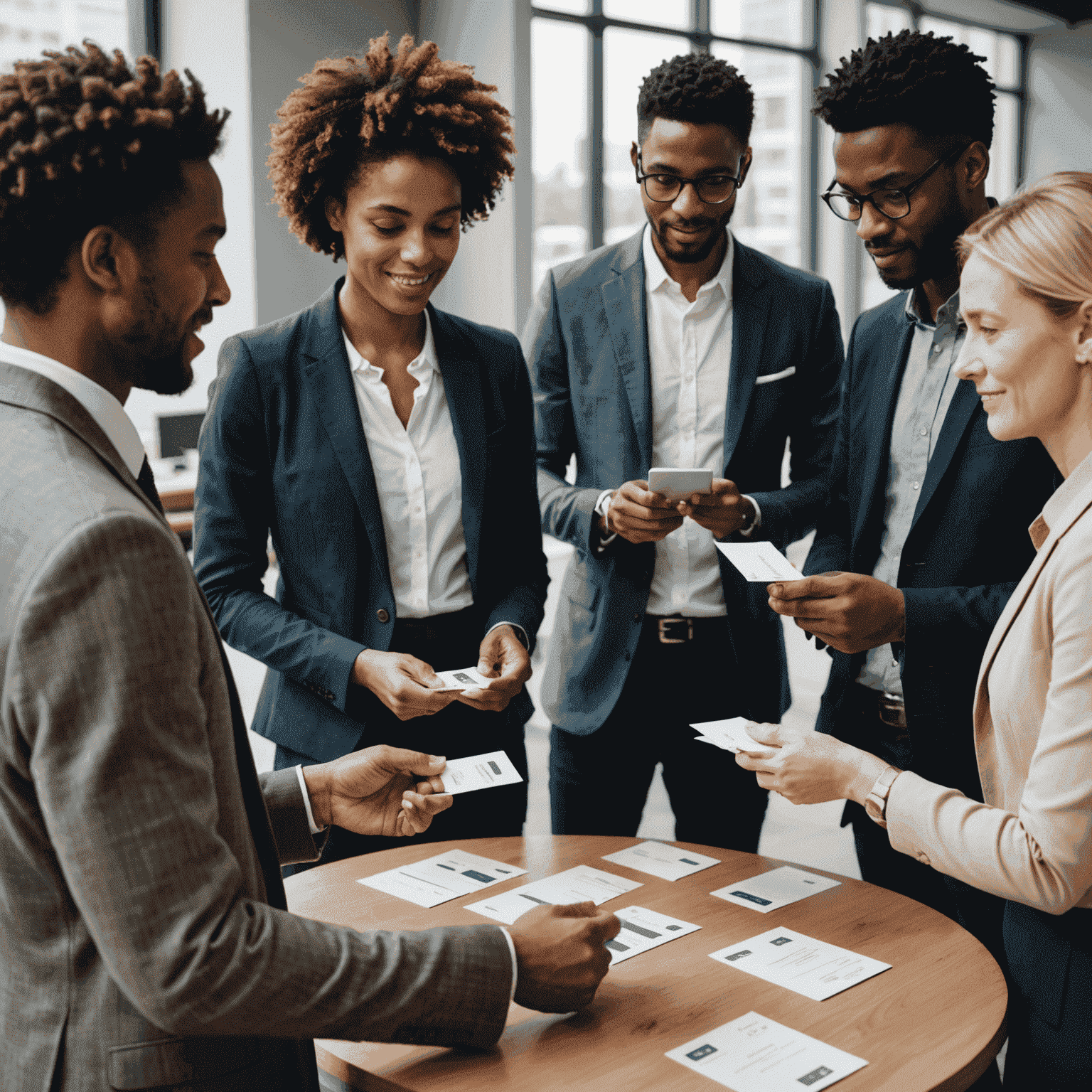 A diverse group of professionals engaged in a networking event. The image shows people exchanging business cards, having discussions, and making connections in a modern conference setting.